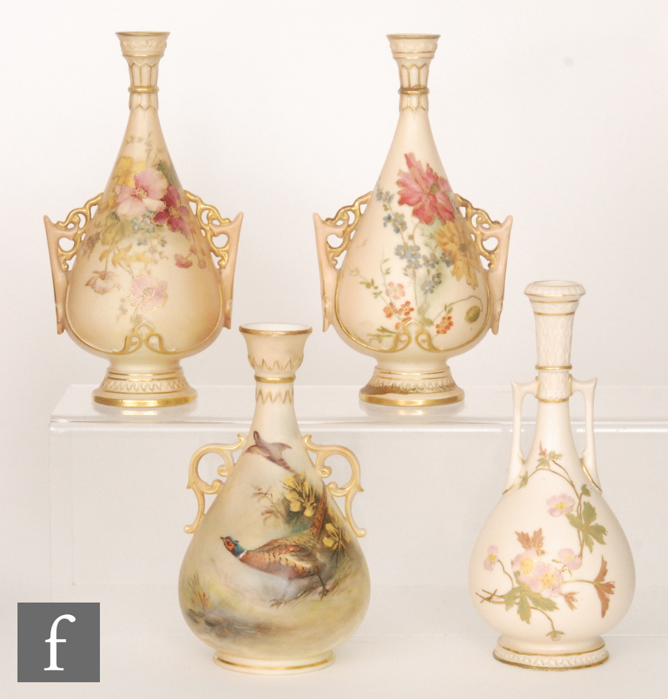 Three pieces of Royal Worcester blush ivory comprising a matched pair of shape 982 vases decorated - Image 2 of 2