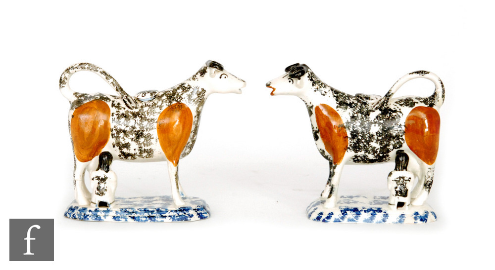 A mirrored pair of early 19th Century creamware cow creamers and covers each with a seated milkmaid - Image 3 of 3