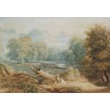 SAMUEL AUSTIN (1796 - 1834) - Figures in a landscape with distant viaduct, watercolour, signed,