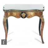 A 19th Century red boulle work fold-over card table of cartouche outline,