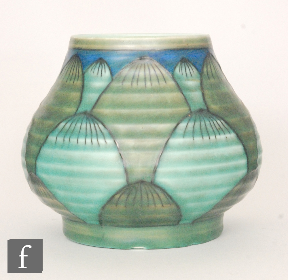 A 1930s Art Deco Crown Ducal vase decorated in the Turin pattern designed by Charlotte Rhead,