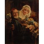 FOLLOWER OF JOHN ARTHUR LOMAX (1857-1923) - The scholar and his daughter, oil on panel, framed,