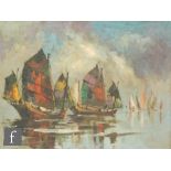 KWO (20TH CENTURY) - Chinese junks at sea, oil opn canvas, signed, framed,