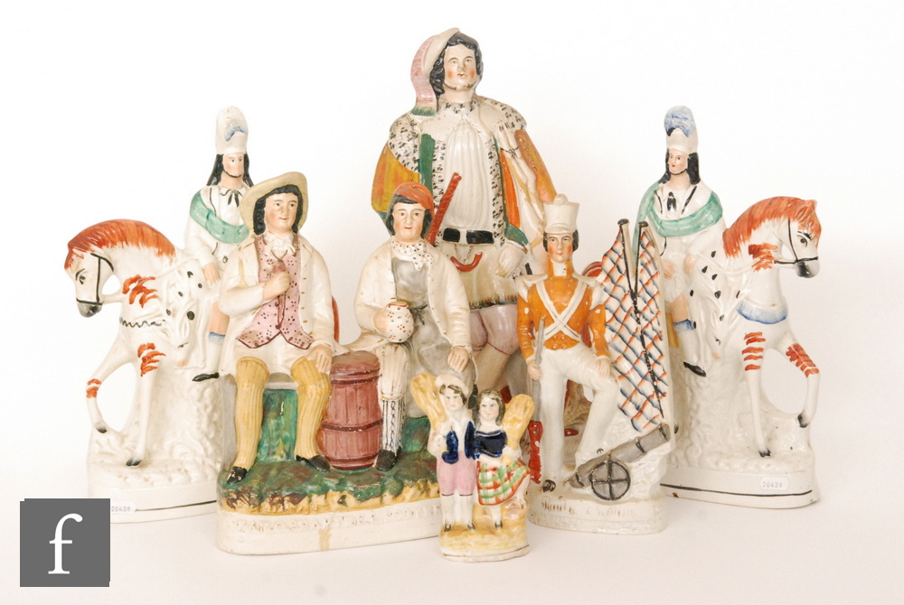 Six assorted 19th Century Staffordshire flatback figures to include Tam O'Shanter and Souter