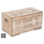 A 20th Century Moorish mother of pearl inlaid blanket chest decorated with panels of flowers and