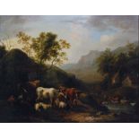 THOMAS BARKER OF BATH - A drover with cattle in a mountainous landscape, oil on panel, framed,