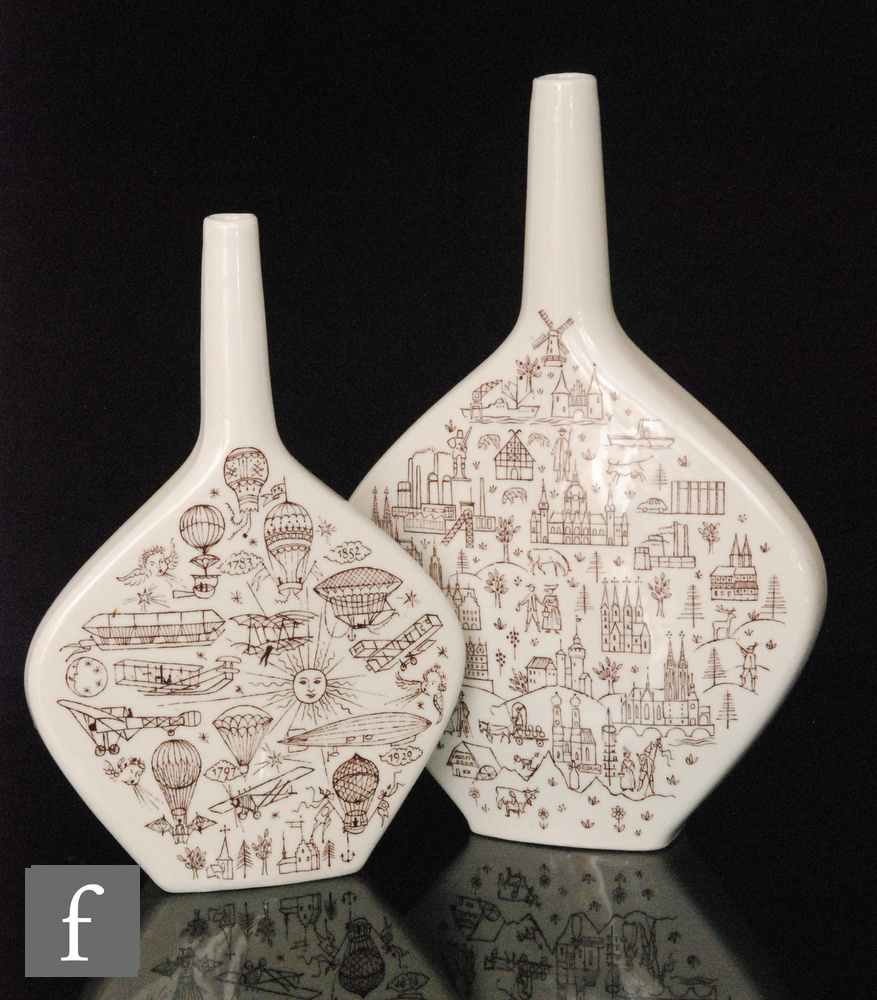 A graduated pair of post war German vases of compressed flask form,