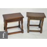 A 1920s 17th Century style oak joint stool width 45cm and a similar joint stool (2)