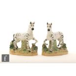 A pair of early 20th Century Staffordshire models of Zebras stood on naturalistically painted oval