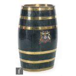 A 19th Century brass coopered oak sherry barrel with lithographed Royal Coat of Arms,