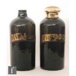 A 19th Century olive green pharmaceutical bottle of cylindrical shouldered form with short collar