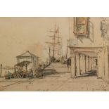 GEORGE CHARLES HAITE (1855-1924) - A quayside scene, pencil and coloured crayon drawing,