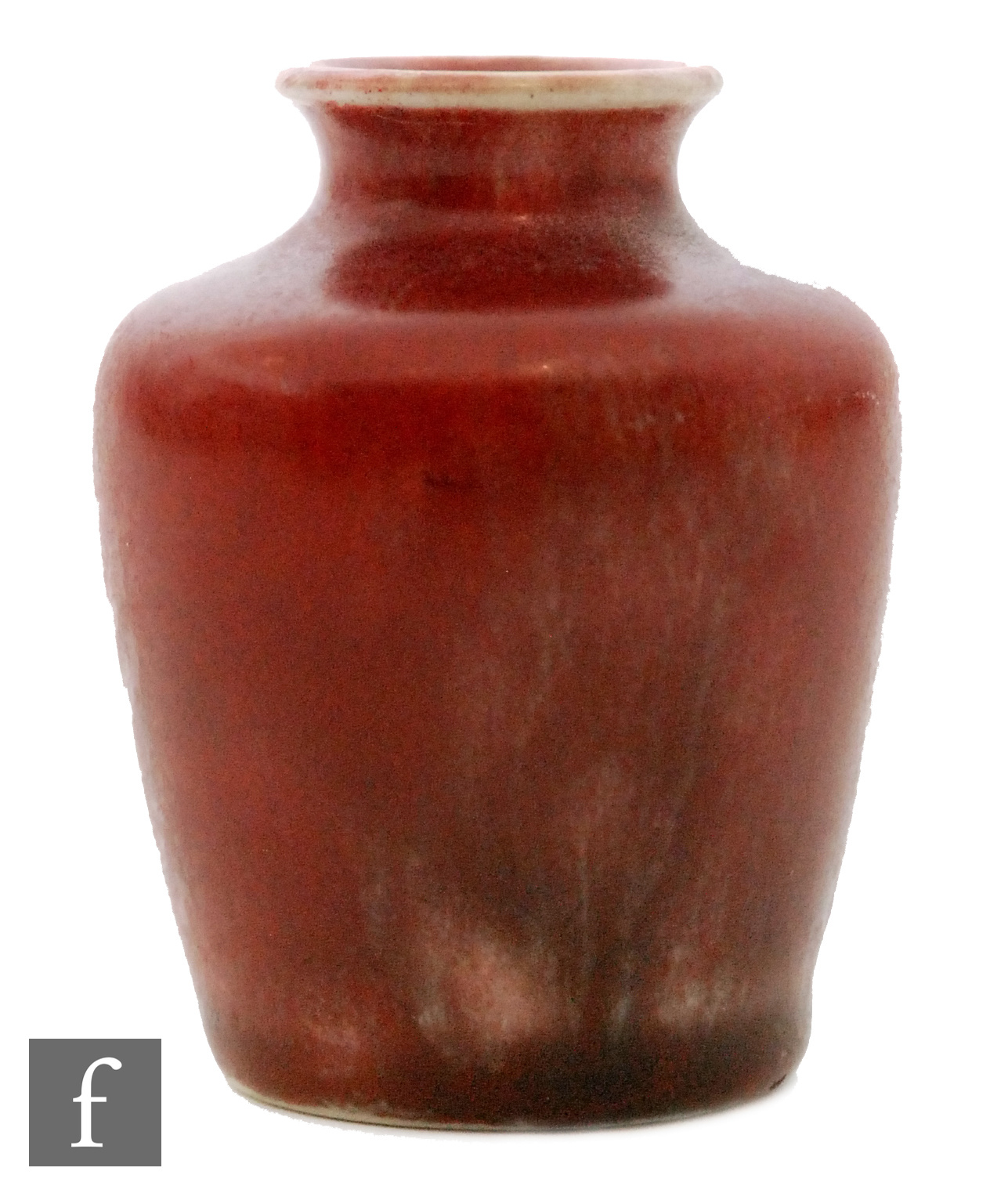 Ruskin Pottery - A miniature high fired vase of tapering barrel form with a squat collar neck,