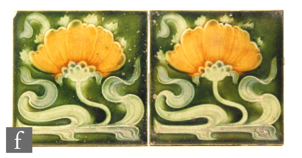 Unknown - An Art Nouveau embossed majolica eight-tile panel, the polychrome tile,