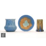 Ruskin Pottery - Three pieces of crystalline glaze comprising a hexagonal vase decorated in a