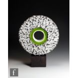 Peter Beard - Textured Annulus with Green Centre - Black and white textured disc on stone base with