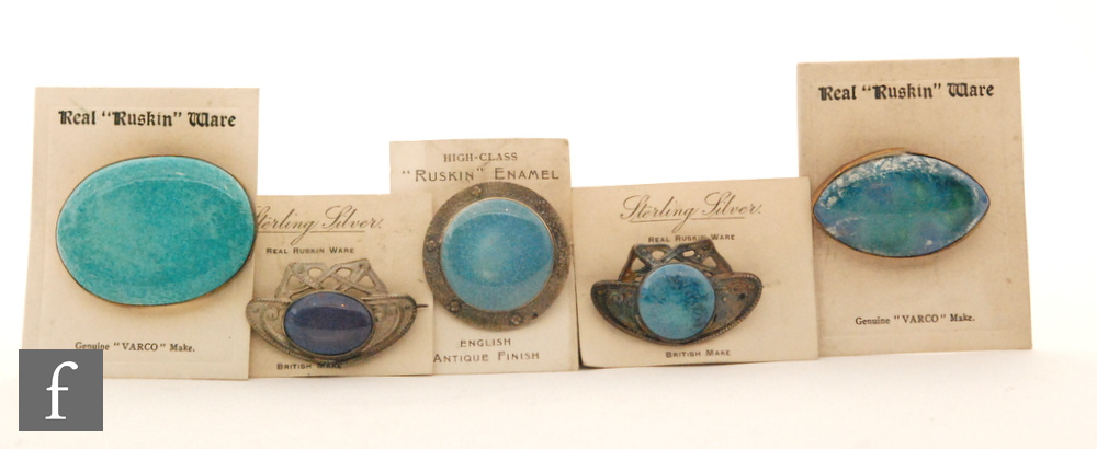 Ruskin Pottery - Five assorted roundels mounted as brooches of varying form,