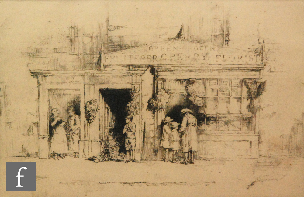 SIDNEY TUSHINGHAM (1884-1968) - 'Perry's Shop', etching, signed in pencil, framed, 18cm x 27.