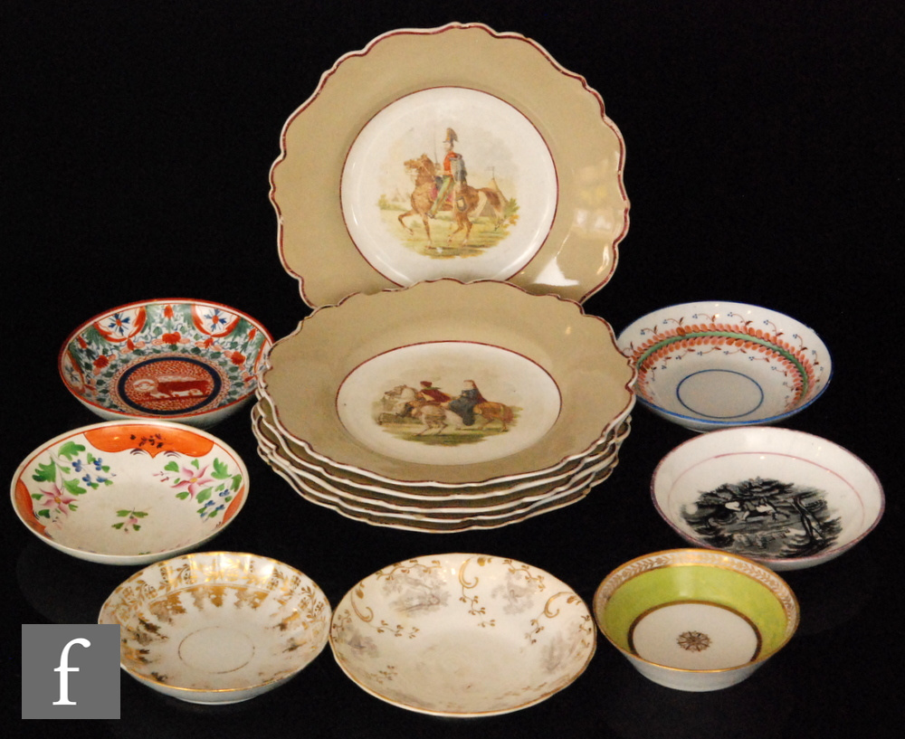 A set of six 19th Century Staffordshire wavy edged plates each decorated to the central well with a