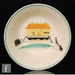 A 1930s Susie Cooper cereal bowl decorated in the printed Noah's Ark pattern with a green band to