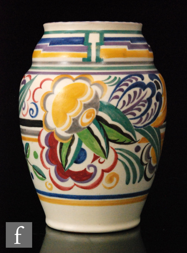 A Poole Pottery 1930s red bodied shape 439 vase decorated in the SM pattern by Doris Marshall,