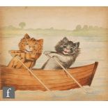 ATTRIBUTED TO LOUIS WAIN (1860-1939) - Two cats in a rowing boat, watercolour, bears signature,