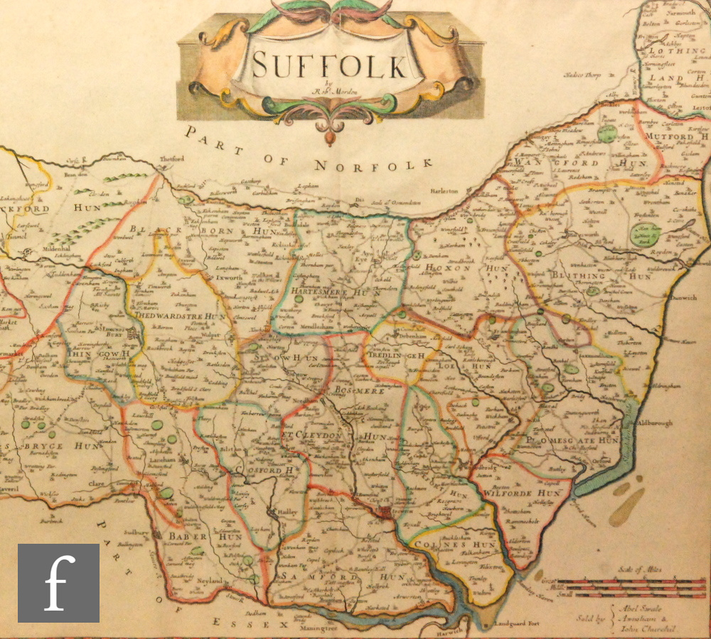 ROBERT MORDEN - 'Suffolk', hand coloured engraving, published in Camden's Britannia, 1695, framed,