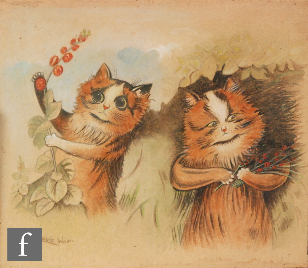 ATTRIBUTED TO LOUIS WAIN (1860-1939) - Two cats in a rowing boat, watercolour, bears signature, - Image 2 of 2