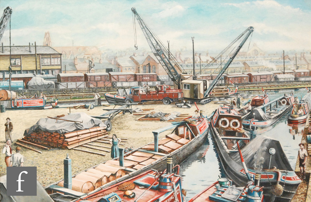 DAVID A. HOLLOWAY (CONTEMPORARY) - Canal boatyard, oil on canvas, signed, framed, 39.