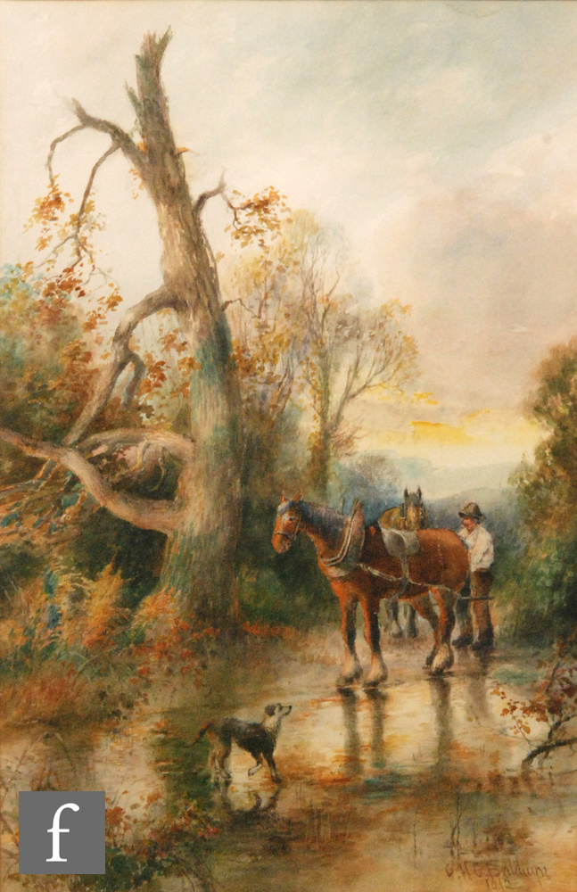 CHARLES HENRY CLIFFORD BALDWYN (1843-1913) - A farmer with horses on a country road, watercolour, - Image 2 of 2