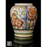 A Poole Pottery shape 361 red bodied vase decorated by Eileen Pragnell in the PI pattern,