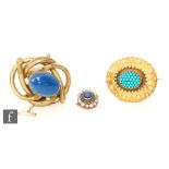 A 19th Century 15ct oval brooch set with a central oval panel of turquoise stones all within a rope