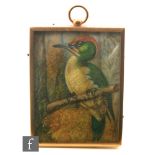 ENGLISH SCHOOL (EARLY 20TH CENTURY) - A green woodpecker, miniature on ivorine, framed,