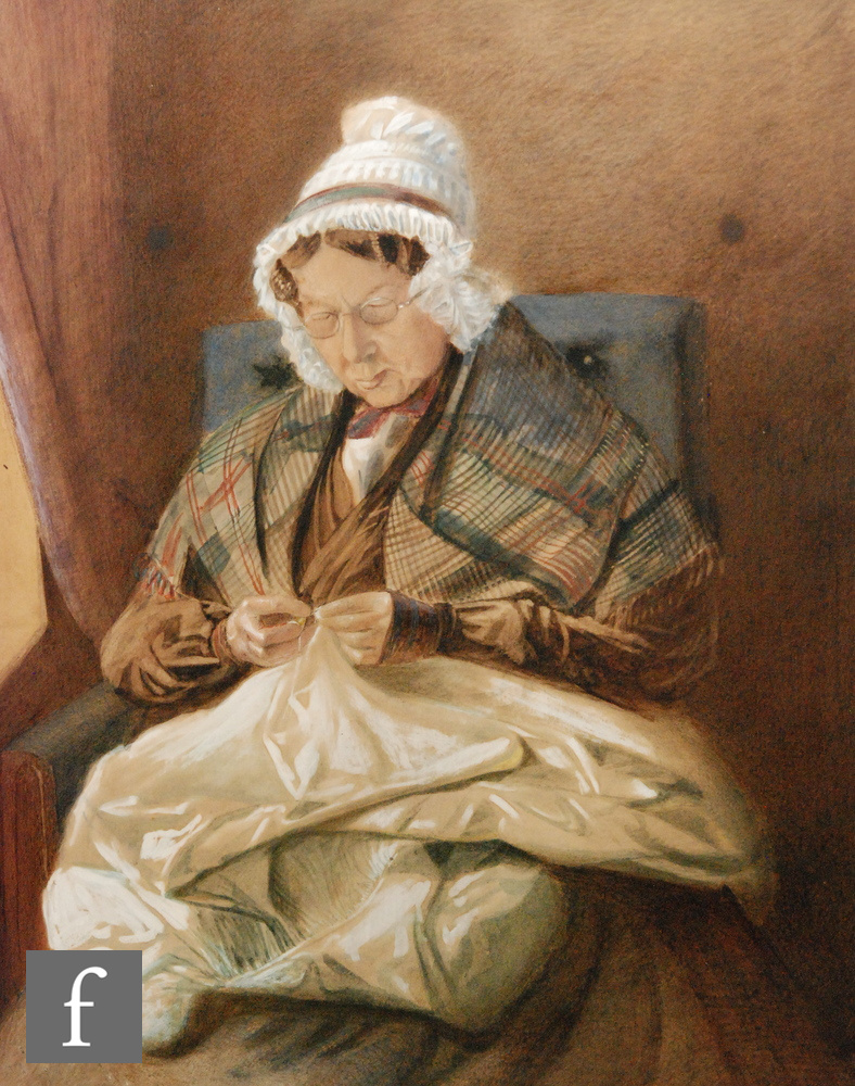 ENGLISH SCHOOL (LATE 19TH CENTURY) - Study of an elderly lady sitting by a window sewing, - Image 2 of 2