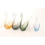 A group of five post war Whitefriars glass swans and swan dishes with hand drawn bodies,