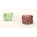 Three Geoffrey Baxter for Whitefriars Textured range 'Bark' candle holders, pattern 9733, in flint,