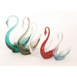 A group of five post war Whitefriars glass swan dishes with hand drawn bodies, including ruby,