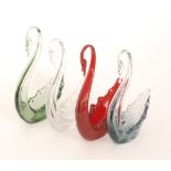 A group of four post war Whitefriars glass swan dishes with hand drawn bodies, including sea green,