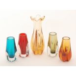 A group of four later 20th Century Whitefriars pattern 9727 tapering lobed vases, examples in ruby,