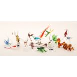 A group of lampwork glass animals, to include a fox, a frog, dachshunds, various birds,