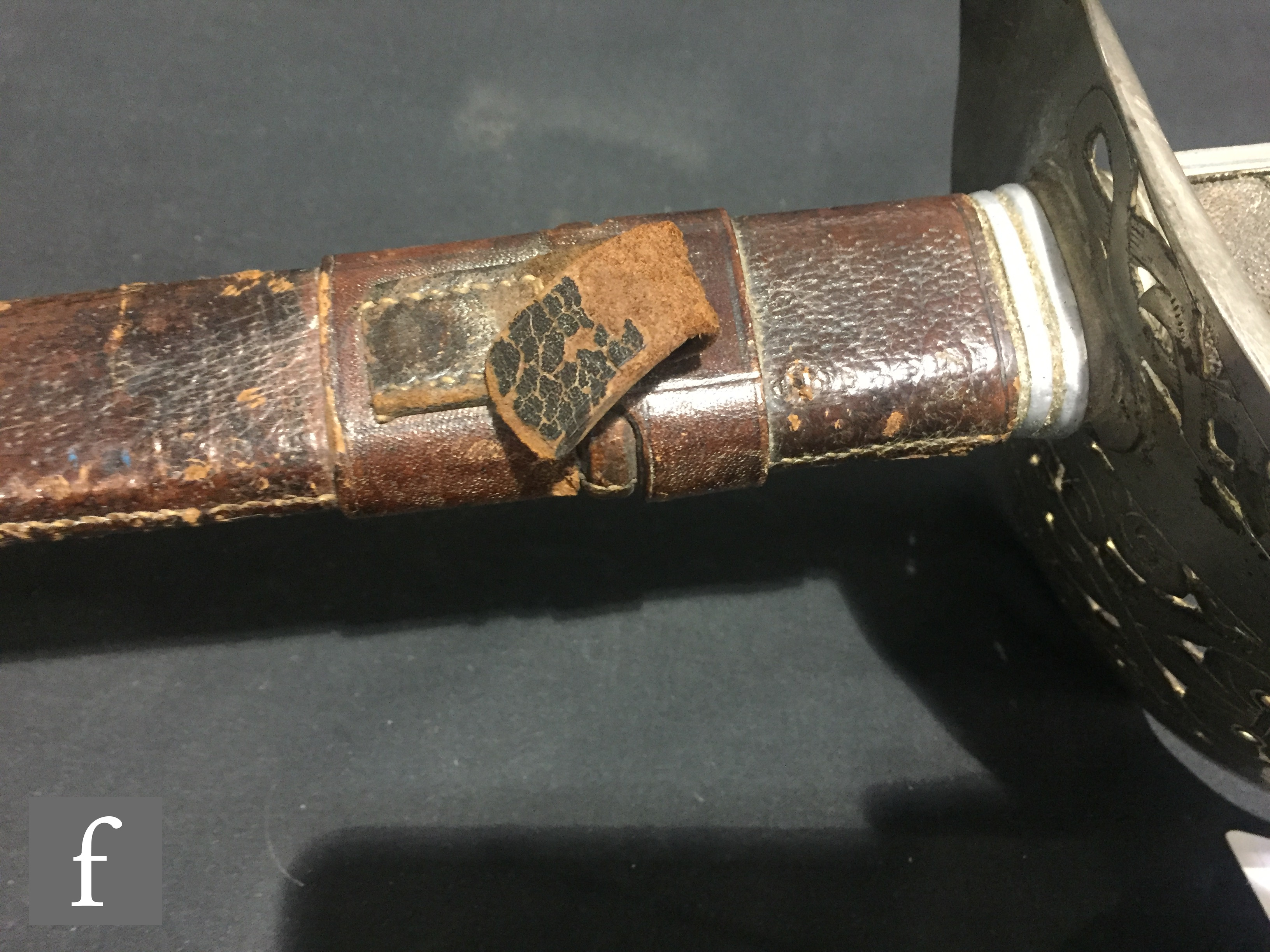 An early 20th Century Artillery officers sword and leather scabbard, - Image 4 of 5