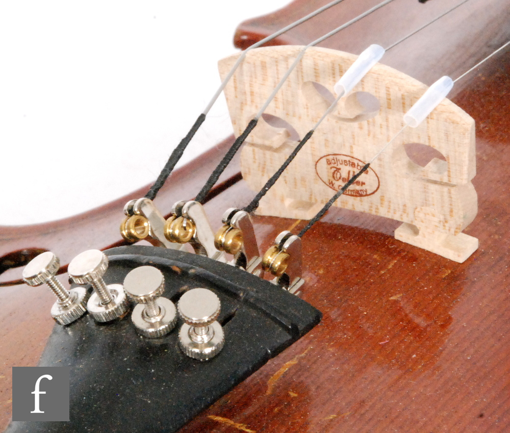 A 1920 to 1930s violin, the reverse stamped Stainer, length of back 35.5cm and with a bow, cased. - Image 6 of 17