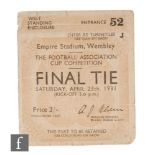 A 1931 West Bromwich Albion vs Birmingham cup final ticket for the West standing enclosure at