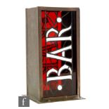A rectangular copper bar lantern with Bar picked out in white glass to a red leaded glass ground,