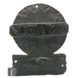 A Norwich Union tinned iron fire mark, sunburst above clasped hands (W29F),