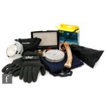 A Hardy aluminium cast case, antler priest, neoprene gloves, line winder,