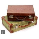 A green canvas and leather mounted de-mob suitcase and a calf stitched leather suitcase, width 46cm.