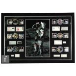 A large framed montage of space photographs and signed First Day Covers and cheques of the Apollo