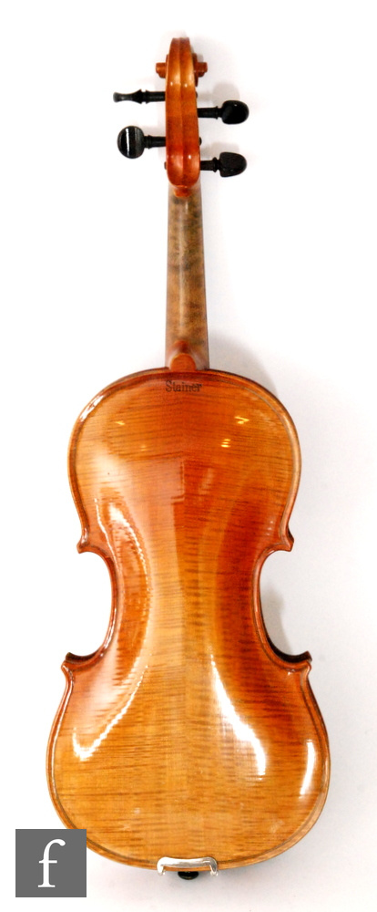 A 1920 to 1930s violin, the reverse stamped Stainer, length of back 35.5cm and with a bow, cased. - Image 2 of 17