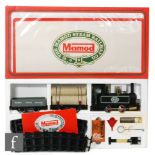 A Mamod RS1 live steam railway set, comprising locomotive, two items of rolling stock,